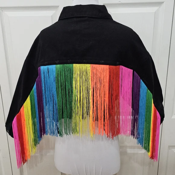Dolls Kill Club Exx Rainbow Fringe Feel This Moment Black Denim Jacket Coat - Picture 9 of 9